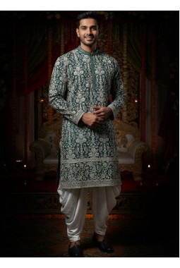 Forest Green Georgette Embroidered Mens Kurta With Patiala