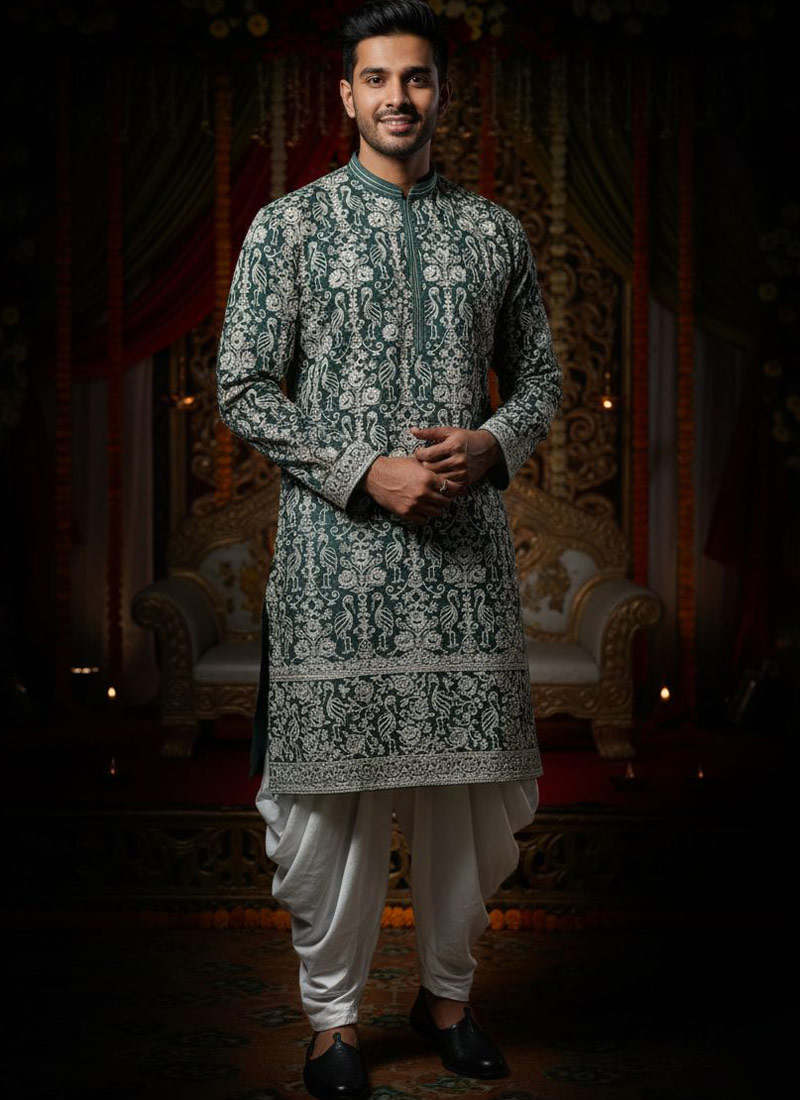 Forest Green Georgette Embroidered Mens Kurta With Patiala