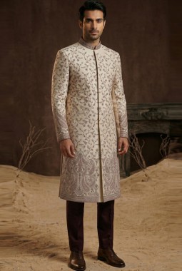 Premium Beige Nawabi Set With Embroidery And Polo Pant