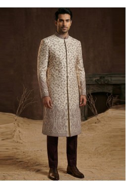 Premium Beige Nawabi Set With Embroidery And Polo Pant