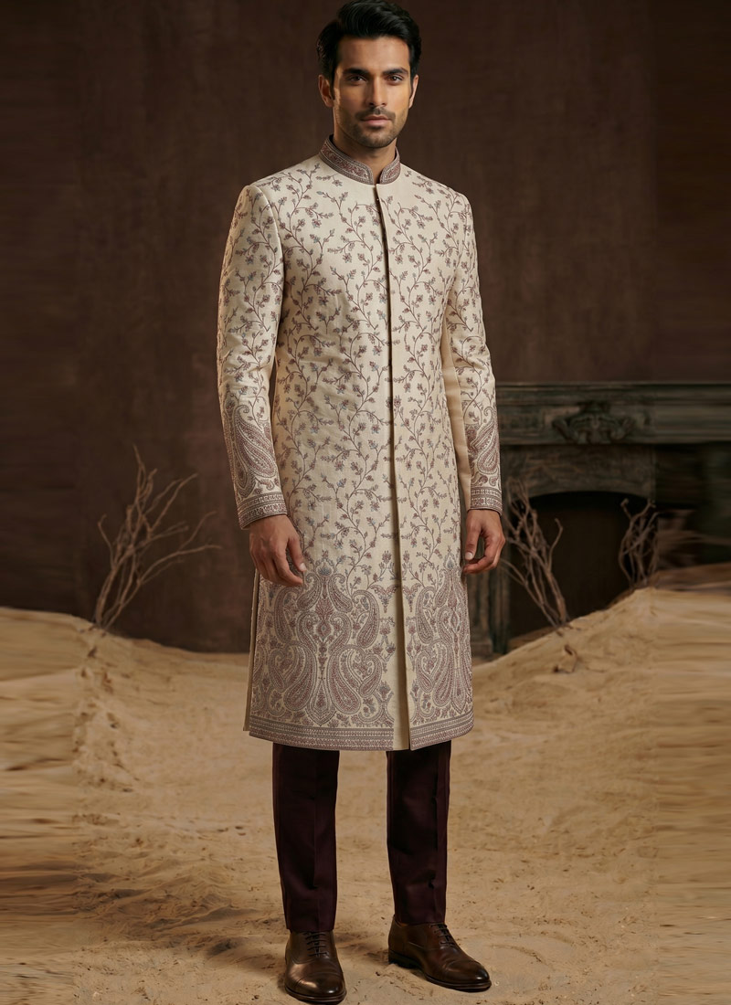 Premium Beige Nawabi Set With Embroidery And Polo Pant