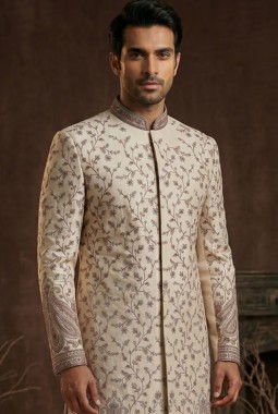 Premium Beige Nawabi Set With Embroidery And Polo Pant