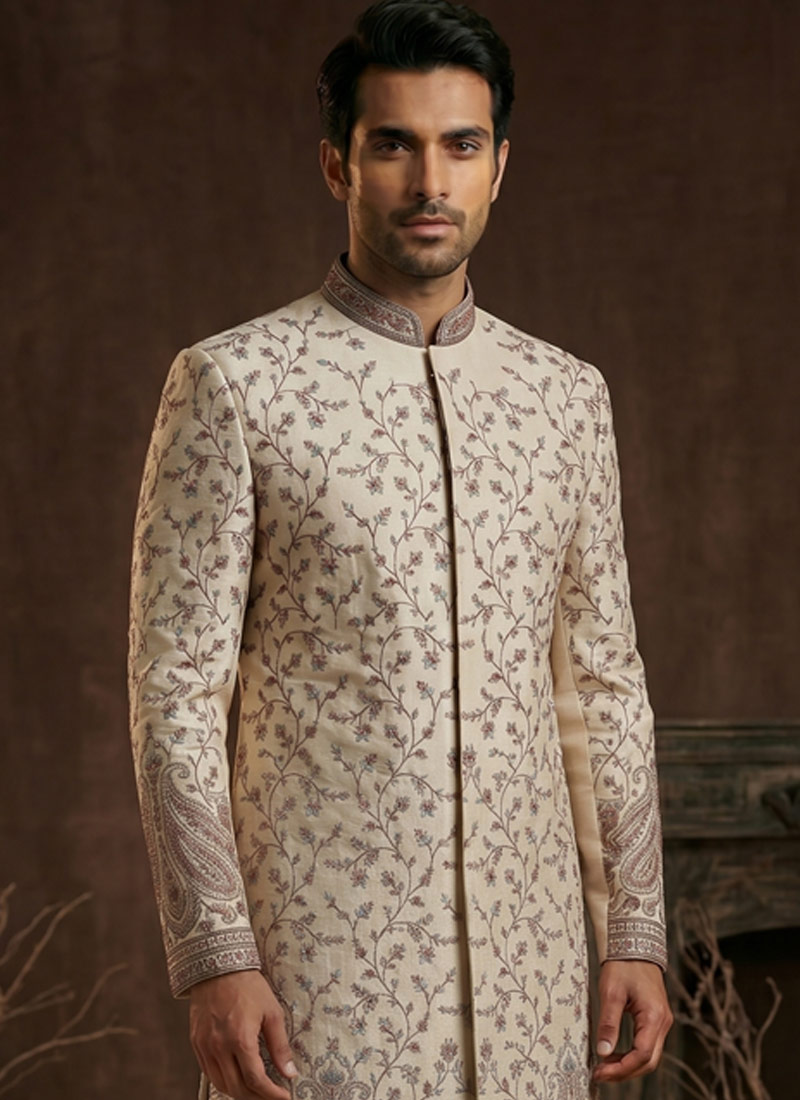 Premium Beige Nawabi Set With Embroidery And Polo Pant
