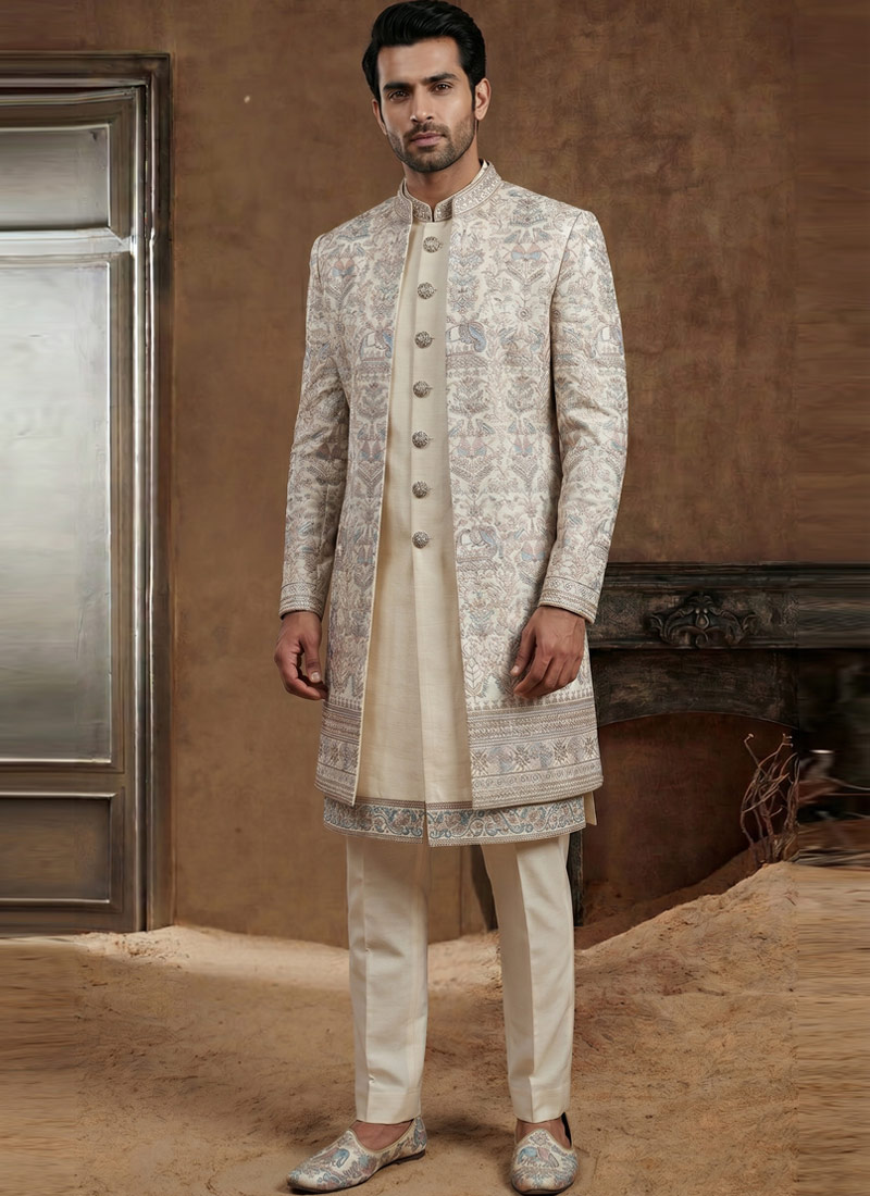 Premium Cream 3-Piece Indo Western Set with Polo Pant