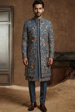 Luxury Slate Blue Indo Western Ensemble with Polo Pant