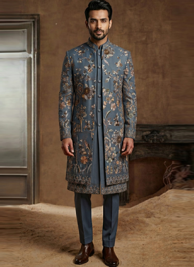 Luxury Slate Blue Indo Western Ensemble with Polo Pant