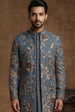 Luxury Slate Blue Indo Western Ensemble with Polo Pant