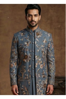 Luxury Slate Blue Indo Western Ensemble with Polo Pant