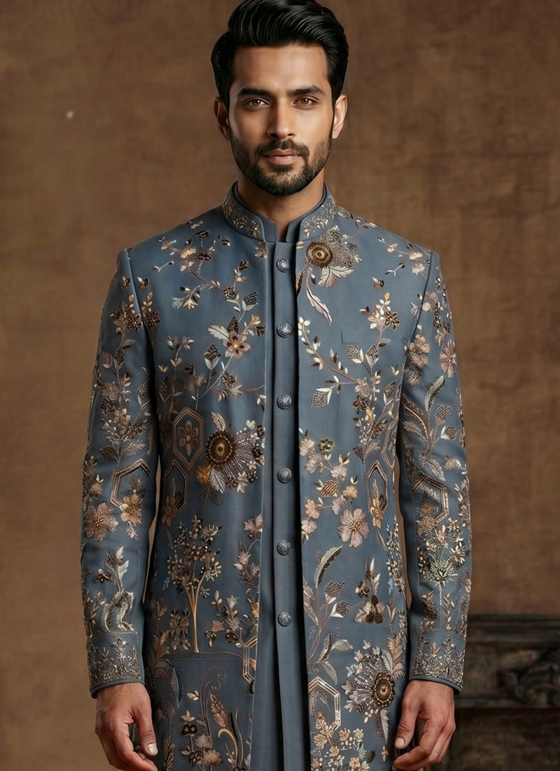 Luxury Slate Blue Indo Western Ensemble with Polo Pant