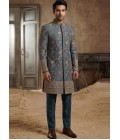 Royal English Blue Embroidered Nawabi Suit with Polo Pant
