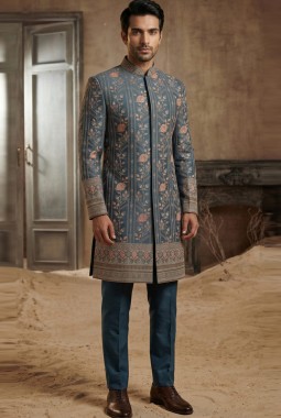 Royal English Blue Embroidered Nawabi Suit with Polo Pant