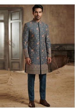 Royal English Blue Embroidered Nawabi Suit with Polo Pant