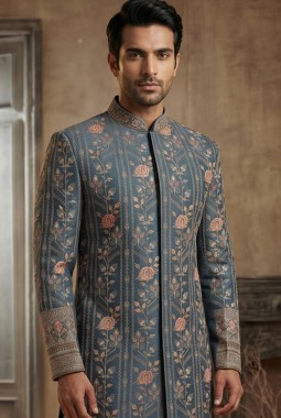 Royal English Blue Embroidered Nawabi Suit with Polo Pant