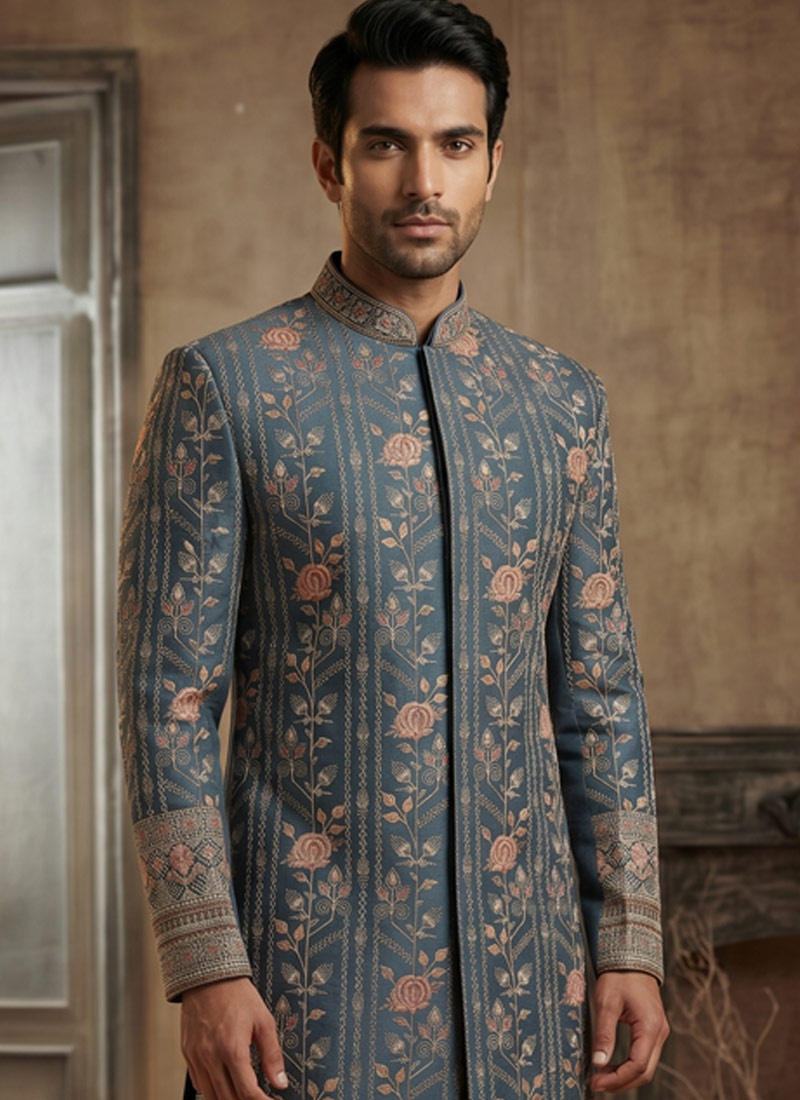 Royal English Blue Embroidered Nawabi Suit with Polo Pant