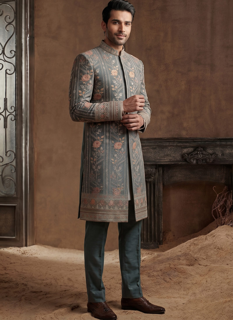 Premium Slate Green Embroidered Nawabi Suit with Polo Pant