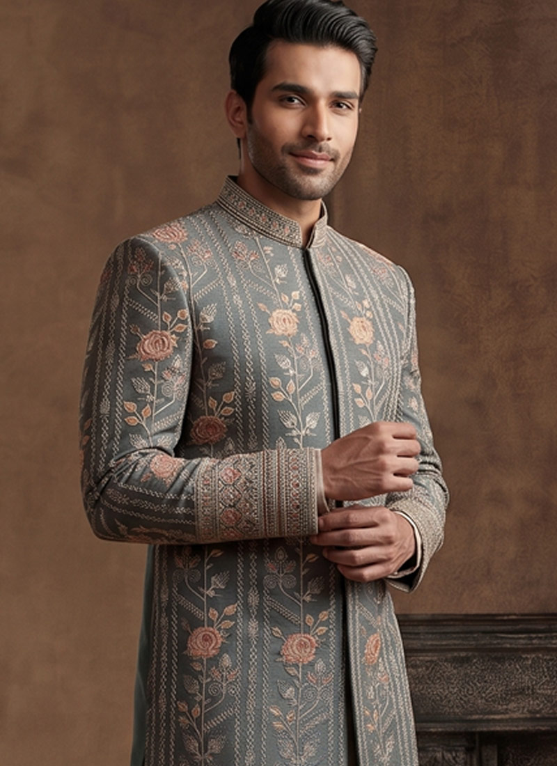 Premium Slate Green Embroidered Nawabi Suit with Polo Pant