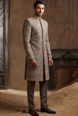 Premium Slate Brown Embroidered Nawabi Suit with Polo Pant