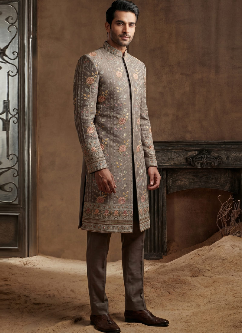 Premium Slate Brown Embroidered Nawabi Suit with Polo Pant