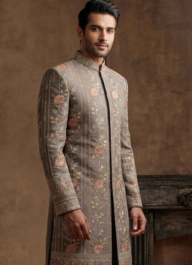 Premium Slate Brown Embroidered Nawabi Suit with Polo Pant