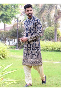 Navy Blue Georgette Embroidered Festive Wear Kafnii With Patiala