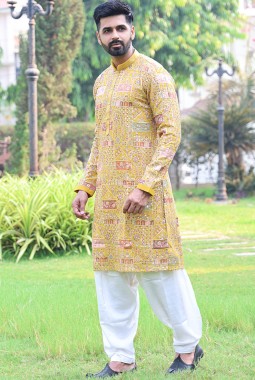 Mustard Georgette Embroidered Kafnii With Patiala For Haldi