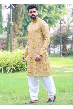 Mustard Georgette Embroidered Kafnii With Patiala For Haldi