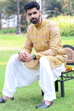 Mustard Georgette Embroidered Kafnii With Patiala For Haldi