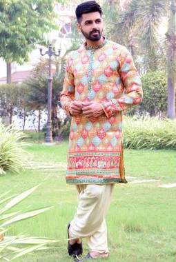 Multi Color Brocade Festive Wear Mens Kafnii With Patiala