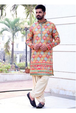 Multi Color Brocade Festive Wear Mens Kafnii With Patiala