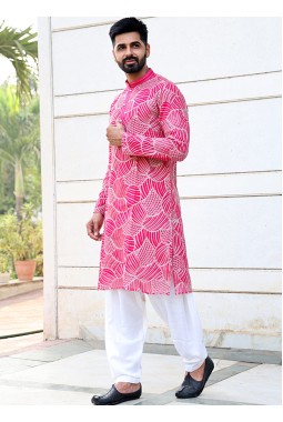 Hot Pink Softfeel Thread Work Festive Wear Kafnii With Patiala