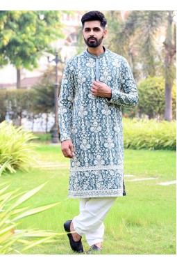 Green Grey Georgette Embroidered Festive Wear Kafnii With Patiala 