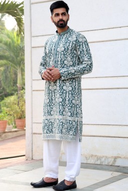 Green Grey Georgette Embroidered Festive Wear Kafnii With Patiala 