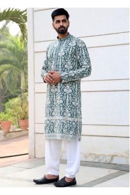 Green Grey Georgette Embroidered Festive Wear Kafnii With Patiala 