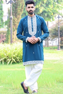 Peacock Blue Softfeel Thread Work Festive Wear Kafnii With Patiala