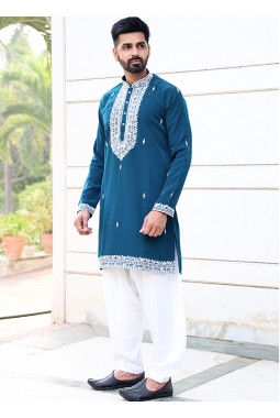 Peacock Blue Softfeel Thread Work Festive Wear Kafnii With Patiala