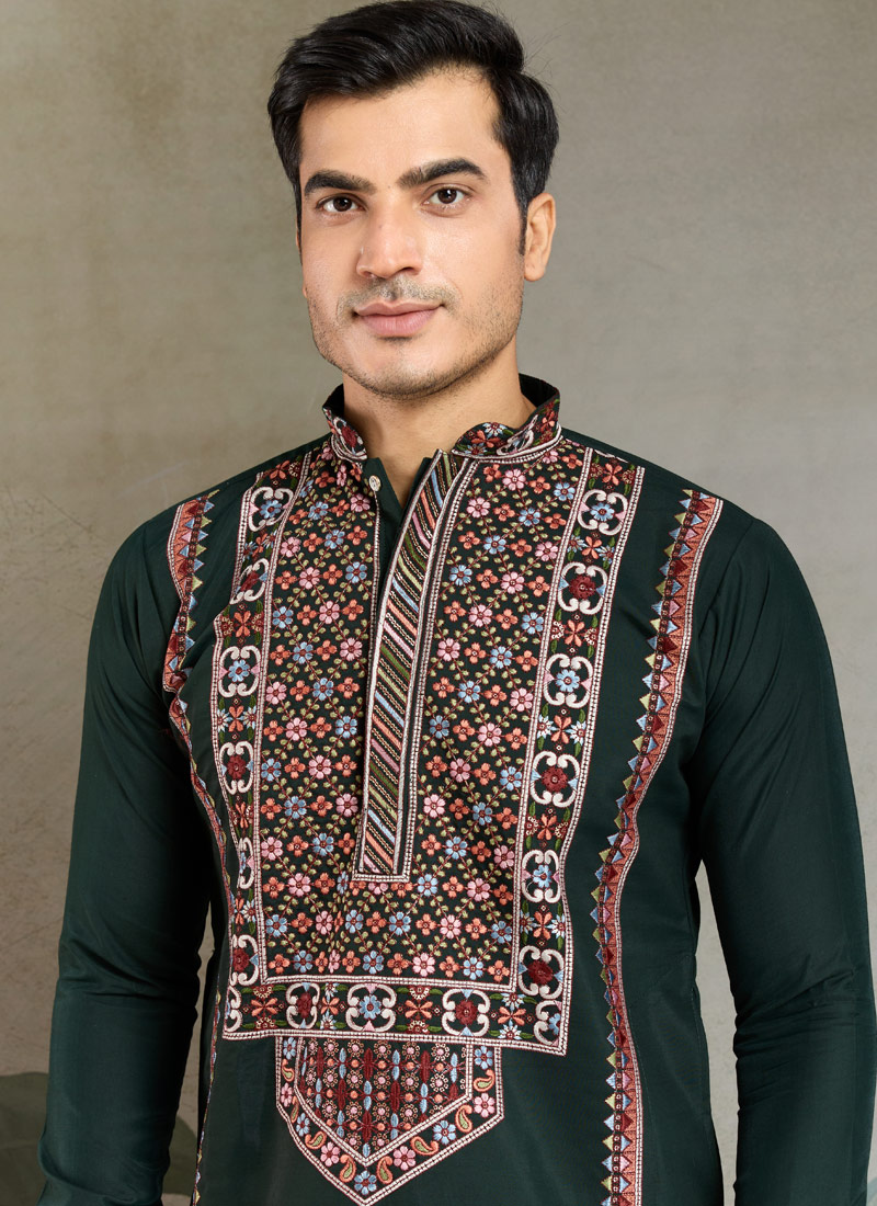 Green Viscose Silk Sequins Embroidered Navratri Mens Kurta