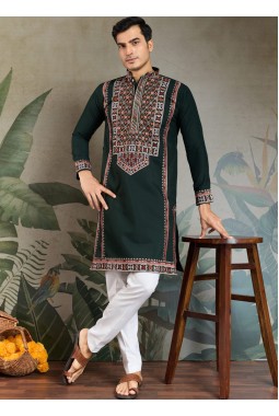Green Viscose Silk Sequins Embroidered Navratri Mens Kurta