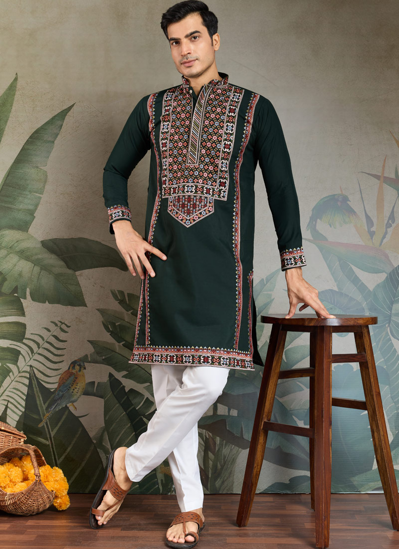 Green Viscose Silk Sequins Embroidered Navratri Mens Kurta