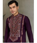 Purple Viscose Silk Thread Embroidered Navratri Mens Kurta