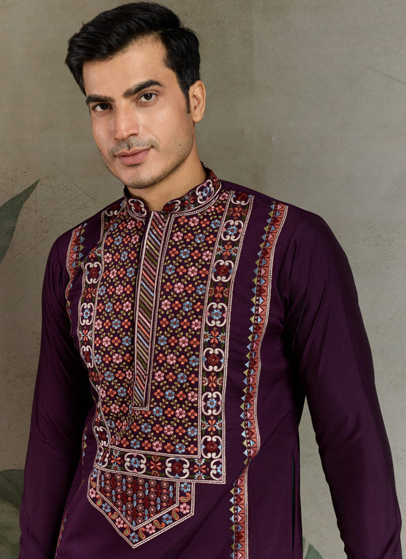 Purple Viscose Silk Thread Embroidered Navratri Mens Kurta
