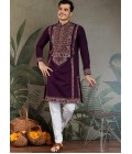 Purple Viscose Silk Thread Embroidered Navratri Mens Kurta