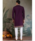 Purple Viscose Silk Thread Embroidered Navratri Mens Kurta