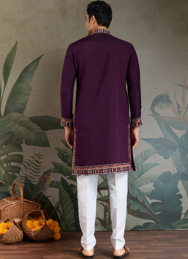 Purple Viscose Silk Thread Embroidered Navratri Mens Kurta