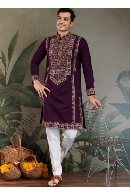 Purple Viscose Silk Thread Embroidered Navratri Mens Kurta