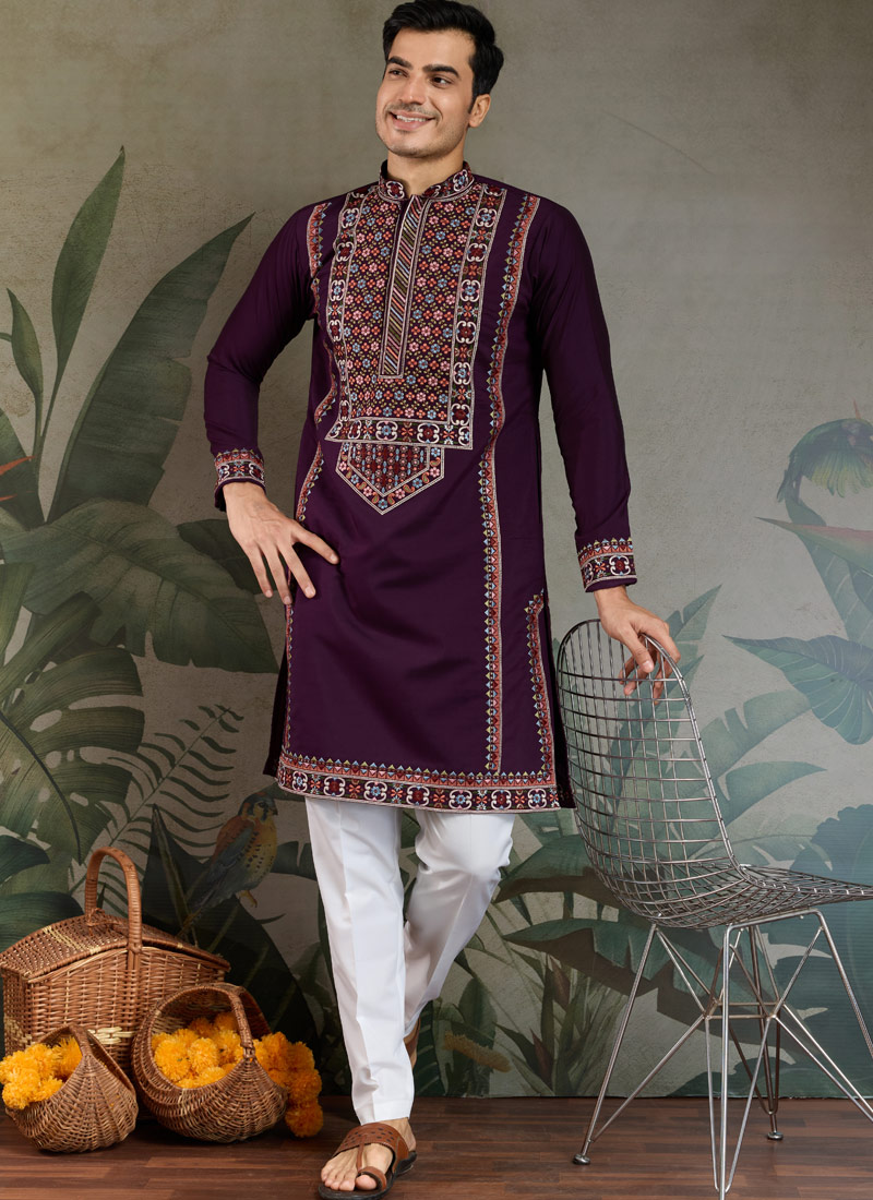 Purple Viscose Silk Thread Embroidered Navratri Mens Kurta