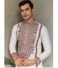 White Viscose Silk Sequins Embroidered Navratri Mens Kurta