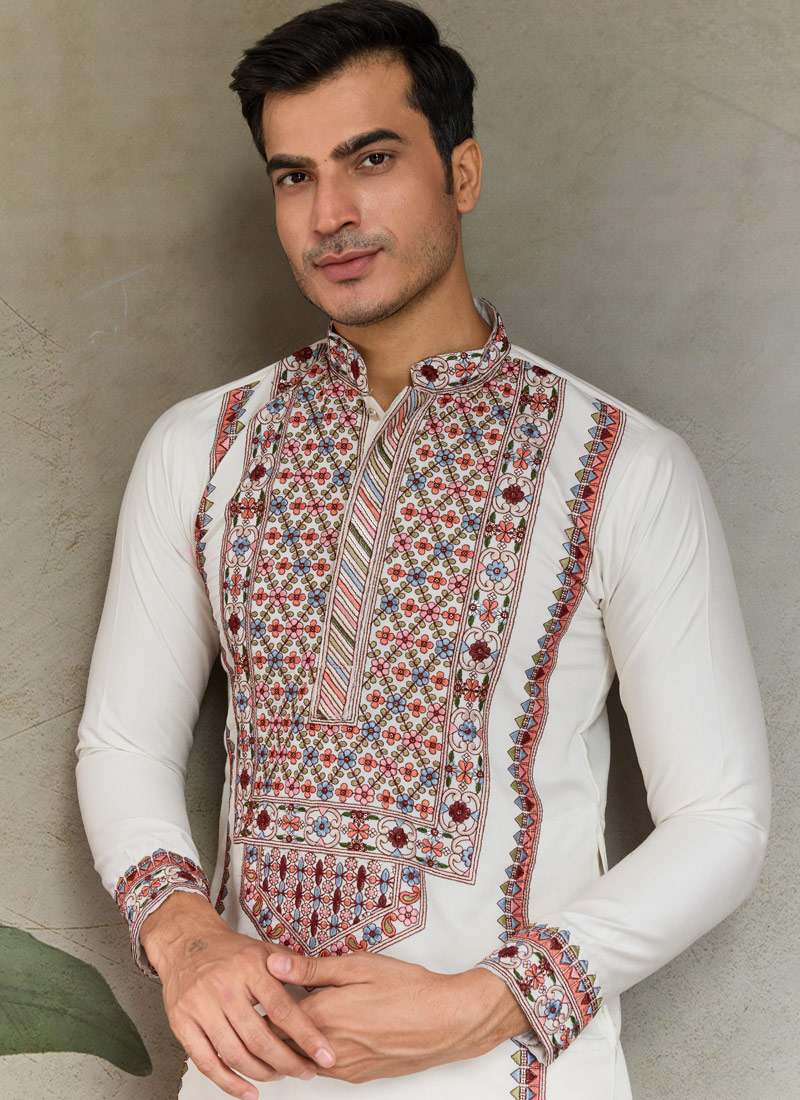 White Viscose Silk Sequins Embroidered Navratri Mens Kurta