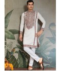 White Viscose Silk Sequins Embroidered Navratri Mens Kurta
