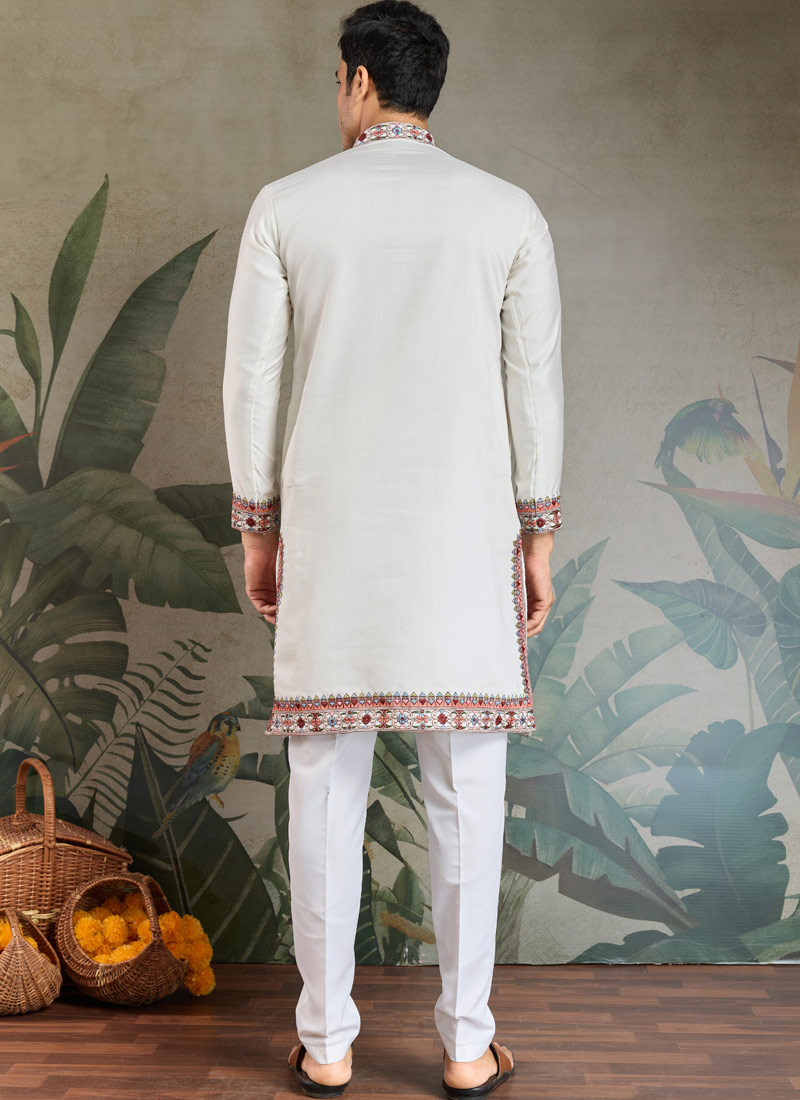 White Viscose Silk Sequins Embroidered Navratri Mens Kurta
