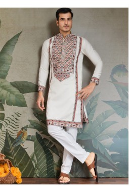 White Viscose Silk Sequins Embroidered Navratri Mens Kurta